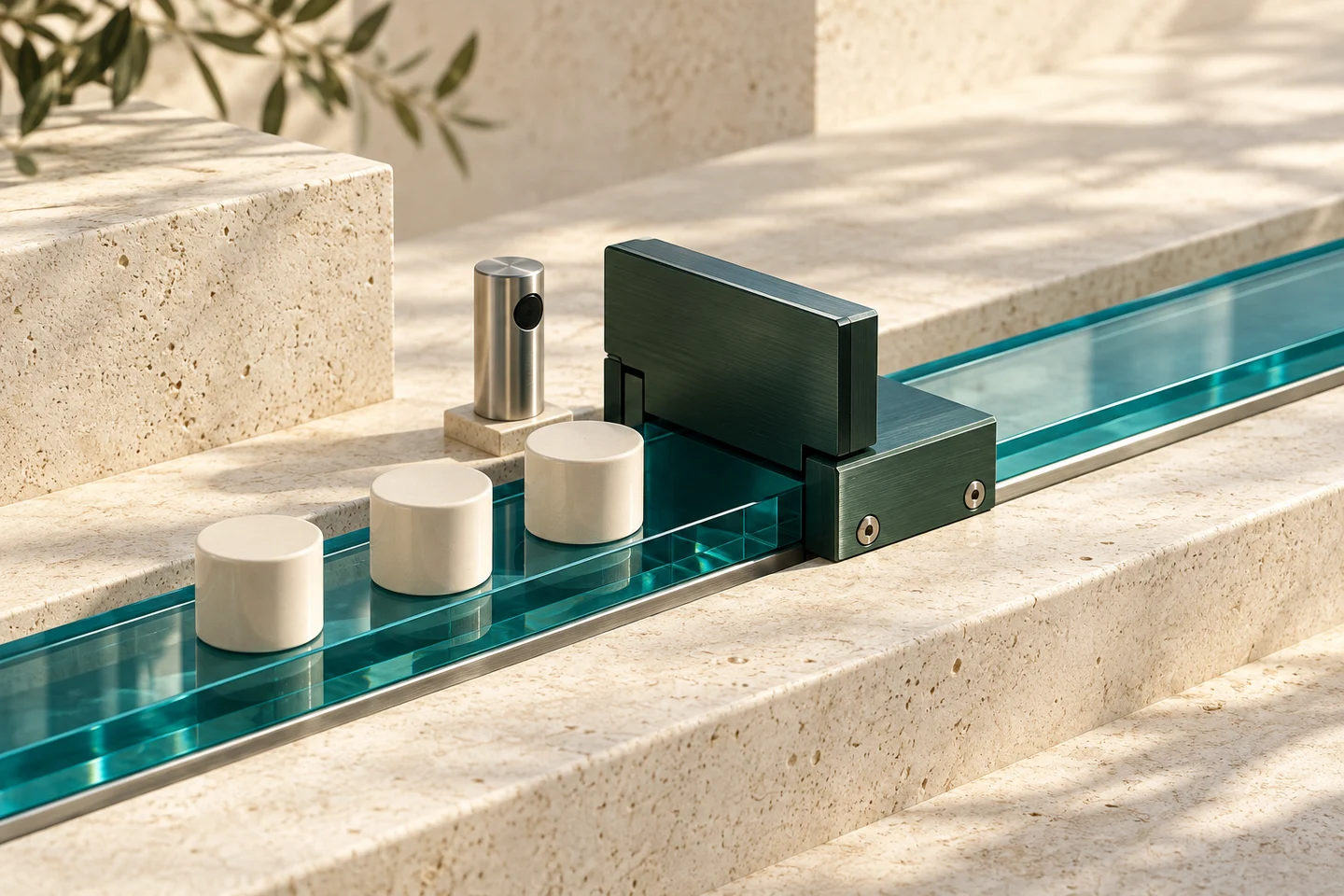 A dark green safety gate stops ivory cylinders on a teal glass rail beside a metal sensor.
